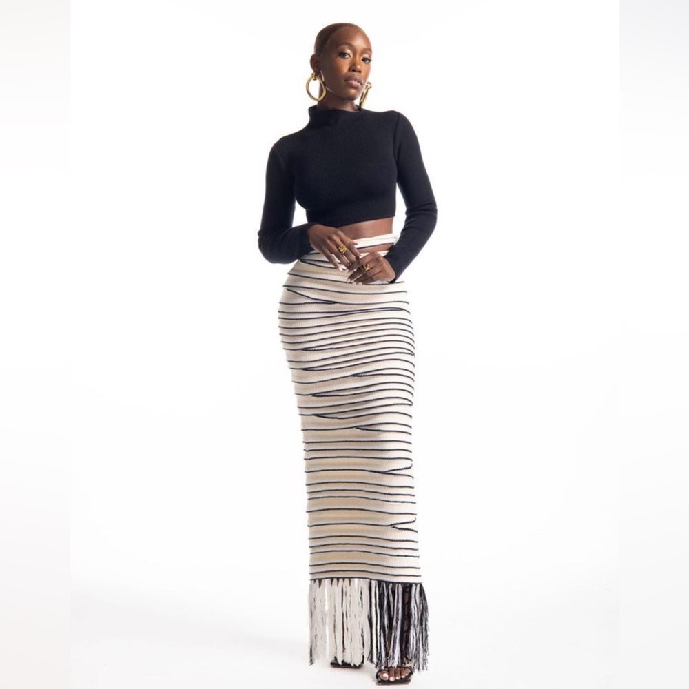 Hanifa Beige and Black Striped Maxi Skirt with Fringe